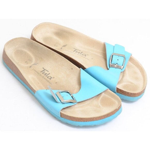 Birkenstock Shoes - Birkenstock Tula Women's 6.5 Blue Leather Flat Wedge Slide Sandals Spring Summer